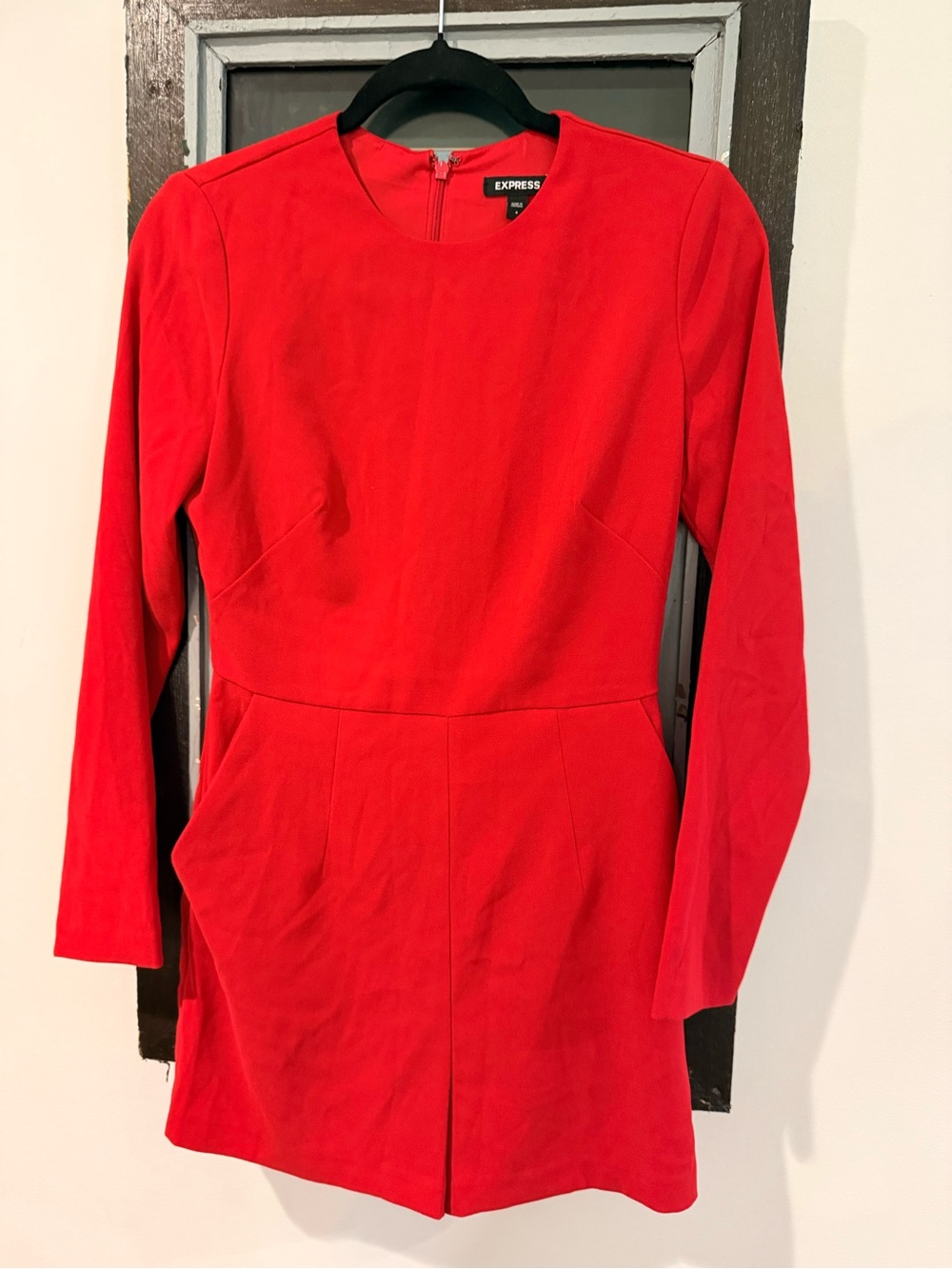 Express Red Long-Sleeve Romper with Structured Seams